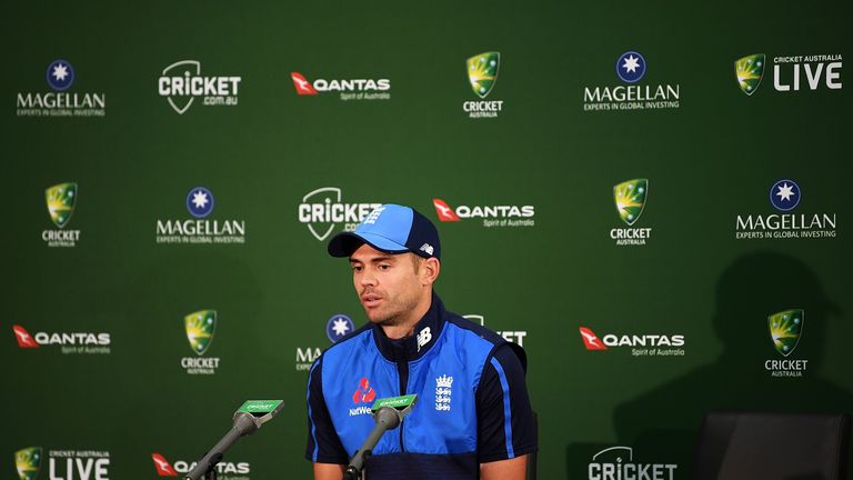 James Anderson of England speaks to the media in Adelaide