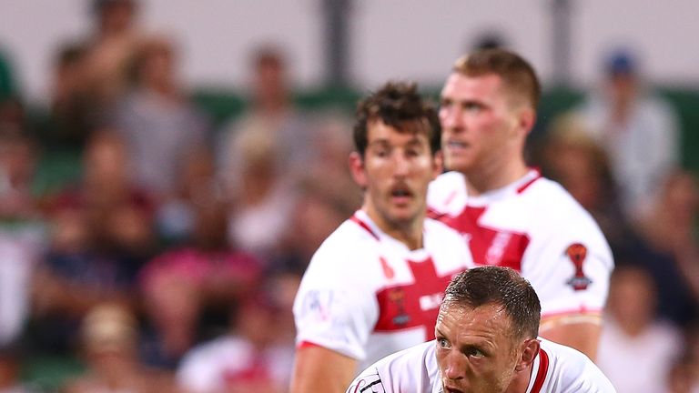 James Roby of England passes the ball during the 2017 Rugby League World Cup match against France