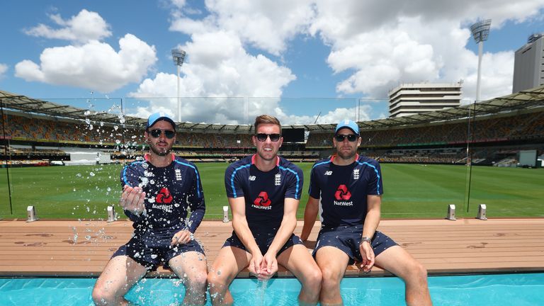 England Test players James Vince, Jake Ball and Dawid Malan visit the Pooldeck at The Gabba on November 20, 2017 in Bri