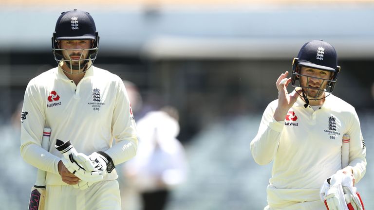 PERTH - NOVEMBER 04 2017: James Vince of England and Mark Stoneman of England walks from the ground at lunch during day one of the Ashes series Tour 