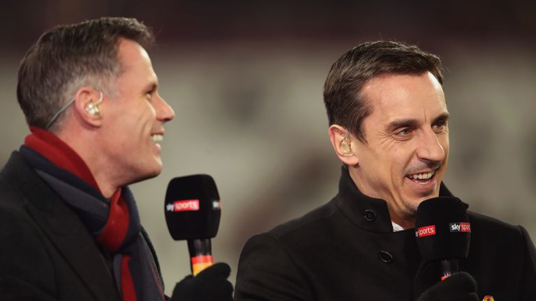 LONDON, ENGLAND - NOVEMBER 24:  Pundits Jamie Carragher (L) and Gary Neville laugh prior to the Premier League match between West Ham United and Leicester 