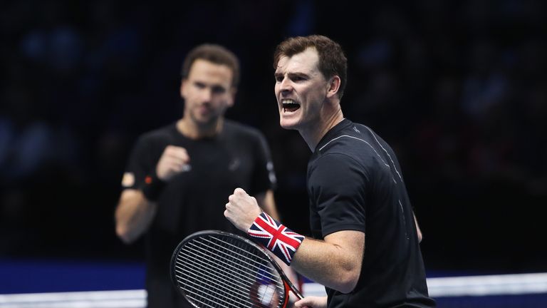 LONDON, ENGLAND - NOVEMBER 17: Jamie Murray of Great Britain and Bruno Soares of Brazil celebrate a point in the Doubles match against Lukasz Kubot of Pola