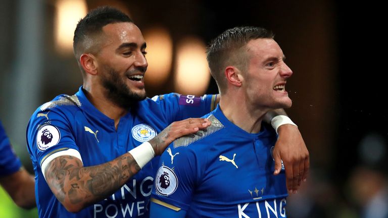 Jamie Vardy celebrates his goal with team-mate Danny Simpson