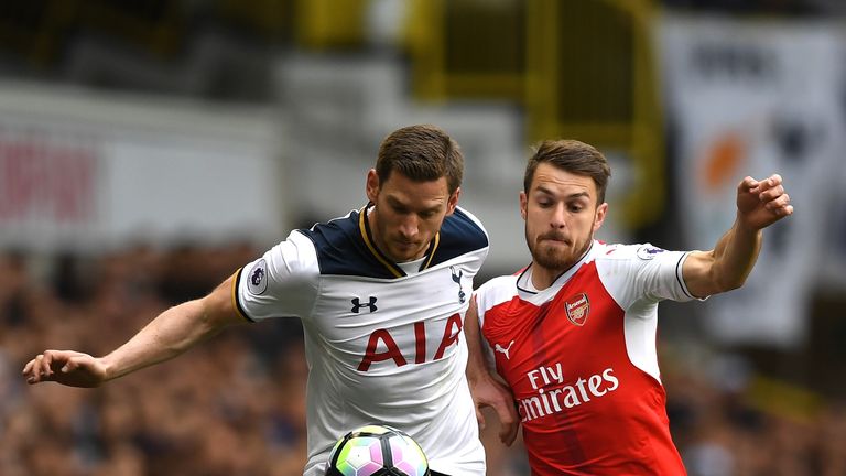 LONDON, ENGLAND - APRIL 30:  Aaron Ramsey of Arsenal and Jan Vertonghen of Tottenham Hotspur battle for possession during the Premier League match between 