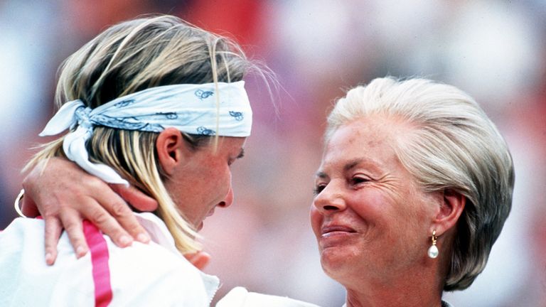 Jana Novotna is consoled by the Duchess of Kent after her defeat by Steffi Graf in the Women's Singles Final at Wimbledon in 1993