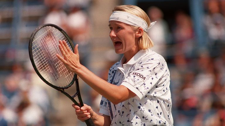 9 SEP 1994:  JANA NOVOTNA SHOWS FRUSTRATION DURING HER SEMIFINAL LOSS TO STEFFI GRAF AT THE US OPEN IN FLUSHING MEADOWS, NEW YORK. 