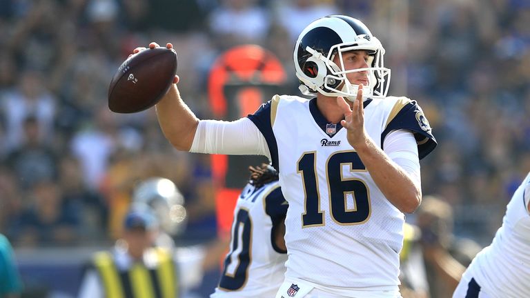 LOS ANGELES, CA - NOVEMBER 26:  Jared Goff #16 of the Los Angeles Rams throws a pass during the game against the New Orleans Saints at the Los Angeles Memo
