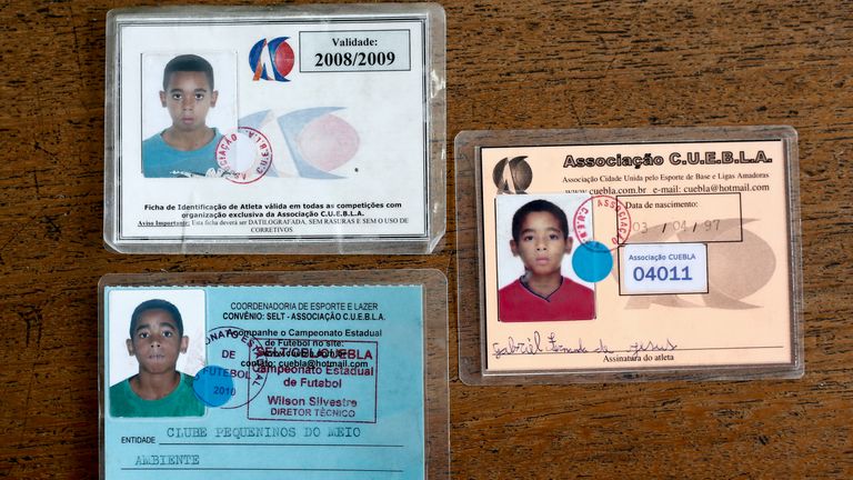 Reproduction of identity cards of Brazilian footballer Gabriel Jesus, when he started his career at the Clube Pequeninos do Meio Ambiente, in the neighborh