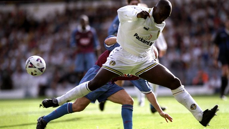 19 Sep 1998:  Jimmy Hasselbaink of Leeds United in action during the FA Carling Premiership match against Aston Villa at Elland Road in Leeds, England. The