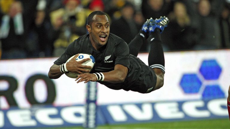 Wellington, June 9 2007: Josevata Rokocoko of New Zealand dives over the try line to score during their match against France at Westpac Stadium