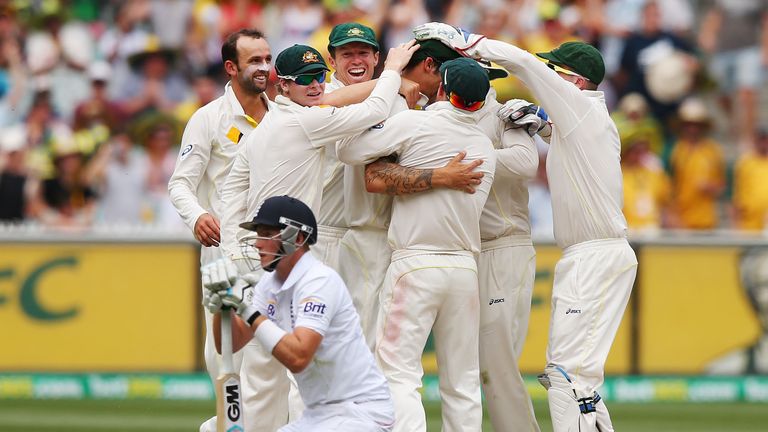 MELBOURNE, AUSTRALIA - DECEMBER 28:  Australia players celebrate the run out of Joe Root of England during day three of the Fourth Ashes Test Match between
