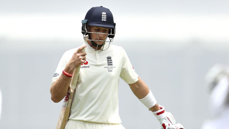 BRISBANE, AUSTRALIA - NOVEMBER 26:  Joe Root of England looks dejected after being dismissed by Josh Hazlewood of Australia during day four of the First Te