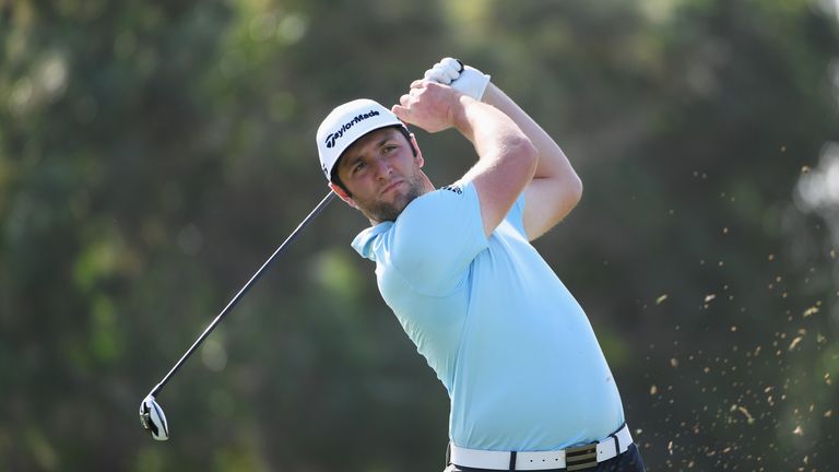 DUBAI, UNITED ARAB EMIRATES - NOVEMBER 14:  Jon Rahm of Spain plays a shot on the 18th hole during the Pro-Am prior to the DP World Tour Championship at Ju