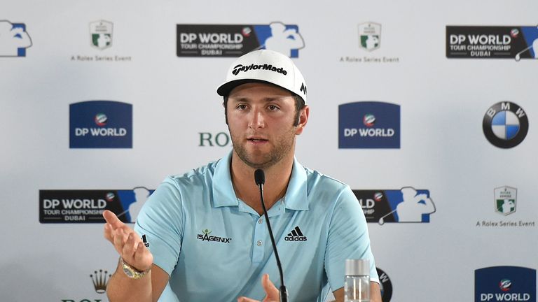 DUBAI, UNITED ARAB EMIRATES - NOVEMBER 14:  Jon Rahm of Spain speaks to the media during a press conference prior to the DP World Tour Championship at Jume