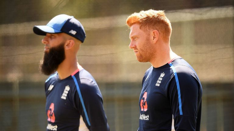 ADELAIDE, AUSTRALIA - NOVEMBER 30: (L-R) Moeen Ali of England and Jonny Bairstow of England look on during a net session at Adelaide Oval.