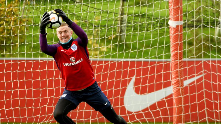 Jordan Pickford in action during a England training session at St Georges Park on November 9, 2017