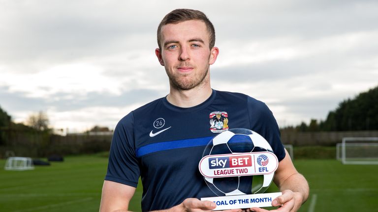Jordan Shipley of Coventry City is presented with the Sky Bet League Two Goal of the Month Award for October