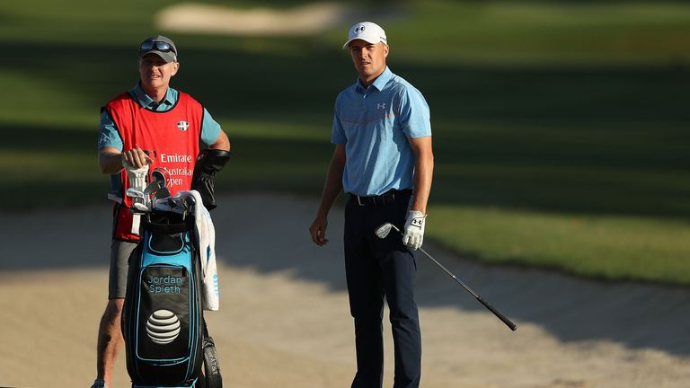 Jordan Spieth of the United States and swing coach and caddie for the week Cameron McCormick 