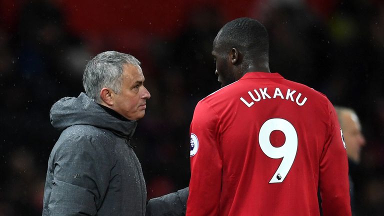 Jose Mourinho and Romelu Lukaku Manchester United v Brighton