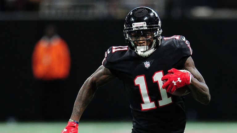 ATLANTA, GA - NOVEMBER 26: Julio Jones #11 of the Atlanta Falcons runs after a catch during the first half against the Tampa Bay Buccaneers at Mercedes-Ben