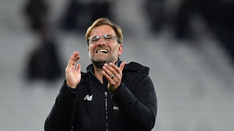 Liverpool's German manager Jurgen Klopp reacts after winning the English Premier League football match between West Ham United and Liverpool at The London 