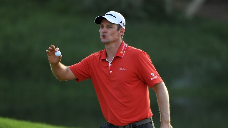 DUBAI, UNITED ARAB EMIRATES - NOVEMBER 18:  Justin Rose of England celebrates a birdie on the 16th green during the third round of the DP World Tour Champi