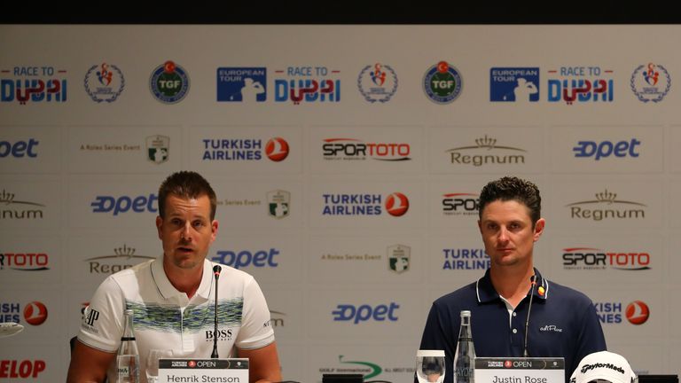 ANTALYA, TURKEY - NOVEMBER 01: Henrik Stenson of Sweden and Justin Rose of England speak to the media during a press conference ahead of the Turkish Airlin