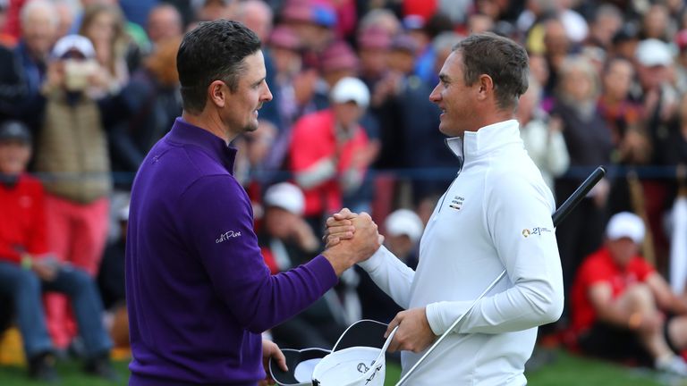 ANTALYA, TURKEY - NOVEMBER 05:  Justin Rose of England is congratulated by Nicolas Colsaerts of Belgium on the 18th green during the final round of the Tur