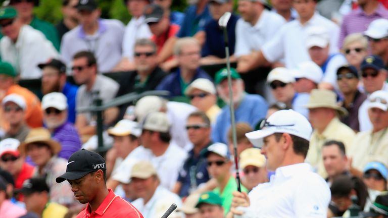 AUGUSTA, GA - APRIL 12:  Justin Rose of England and Tiger Woods of the United States work on the practice ground during the final round of the 2015 Masters