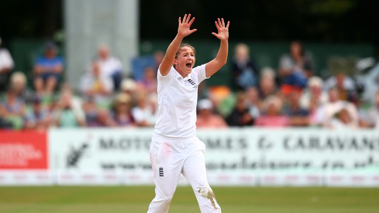 CANTERBURY, ENGLAND - AUGUST 11: Kate Cross of England appeals unsuccessfully for the wicket of Alyssa Healy of Australia during day one of the Kia Women's