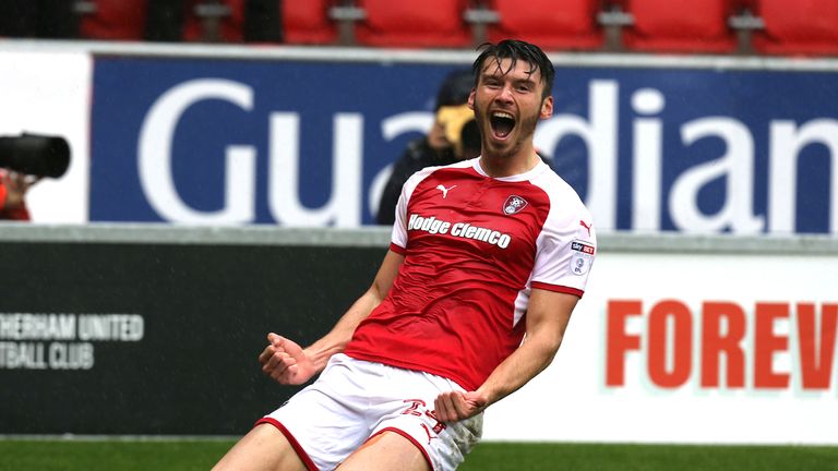 ROTHERHAM, ENGLAND - SEPTEMBER 30: Kieffer Moore of Rotherham United celebrates after scoring his sides goal during the Sky Bet League One match between Ro