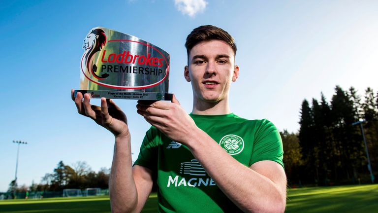 Celtic's Kieran Tierney is presented with the Premiership player of the month award for October