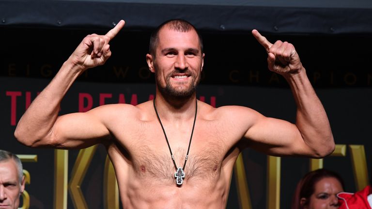 LAS VEGAS, NV - JUNE 16:  Boxer Sergey Kovalev poses on the scale during his official weigh-in at the Mandalay Bay Events Center on June 16, 2017 in Las Ve