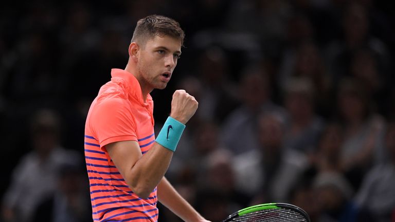 Serbia's Filip Krajinovic reacts as he plays against USA's Jack Sock during the final round at the ATP World Tour Masters 1000 indoor tennis tournament on 