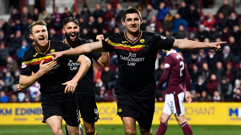 Partick Thistle's Kris Doolan celebrates his goal against Hearts at Tynecastle
