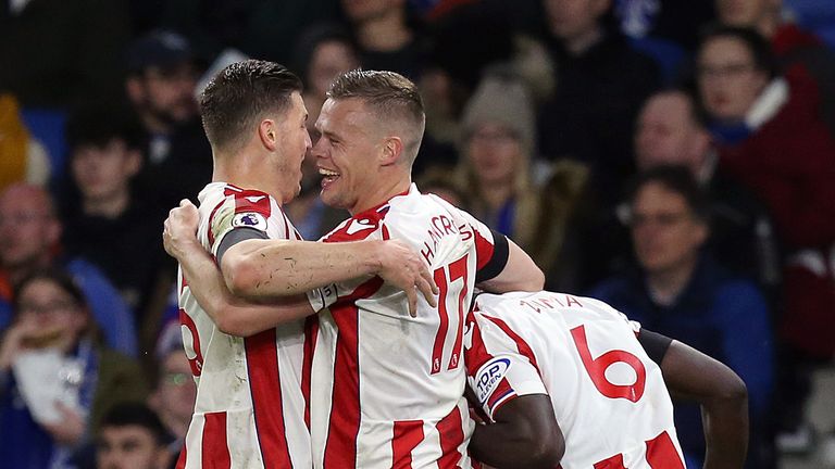 Stoke City's Kurt Zouma (right) celebrates scoring his side's second goal of the game with Ryan Shawcross and Kevin Wimmer (left) during the Premier League
