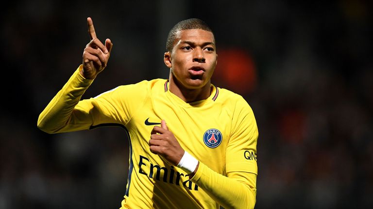 Paris Saint-Germain's French forward Kylian Mbappe celebrates after scoring a goal during the French Ligue 1 football match between Angers (SCO) and Paris 
