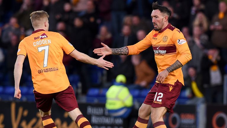 Motherwell's Ryan Bowman (R) celebrates his goal with Chris Cadden