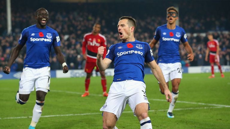 Leighton Baines celebrates after his stoppage-time penalty handed Everton a vital 3-2 win over Everton