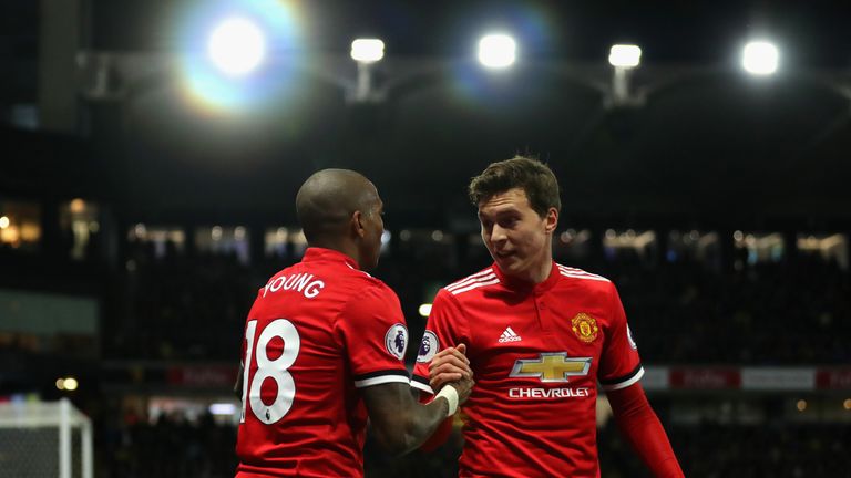 Victor Lindelof congratulates Ashley Young, who scored twice against Watford on Tuesday night 
