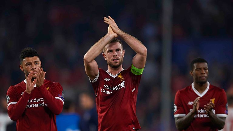 SEVILLE, SPAIN - NOVEMBER 21: Jordan Henderson of Liverpool FC waves to the fans after the end of  the UEFA Champions League group E match between Sevilla 