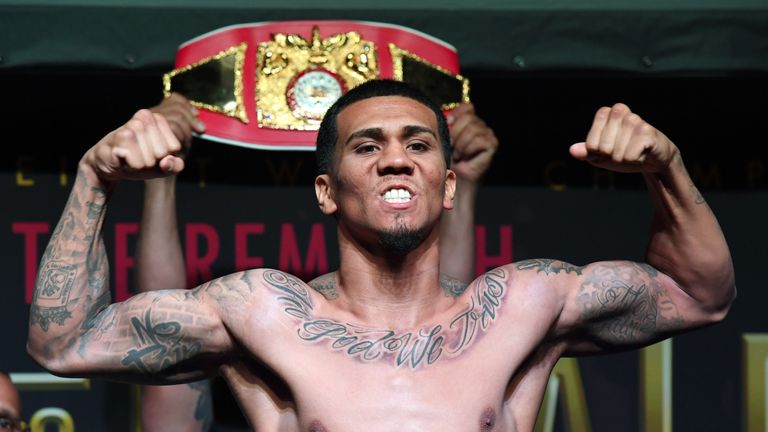 LAS VEGAS, NV - JUNE 16:  Boxer Luis Arias poses during his official weigh-in at the Mandalay Bay Events Center on June 16, 2017 in Las Vegas, Nevada. Aria