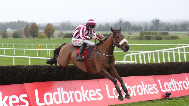Mala Beach ridden by Davy Russell jumps the las to win The Ladbrokes Troytown Handicap Steeplechase at Naven Racecourse, County Meath, Ireland. PRESS ASSOC