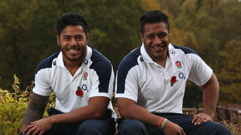 BAGSHOT, ENGLAND - NOVEMBER 08: Manu Tuilagi (L) and Mako Vunipola of England pose after an England training session at Pennyhill Park on November 8, 2012 