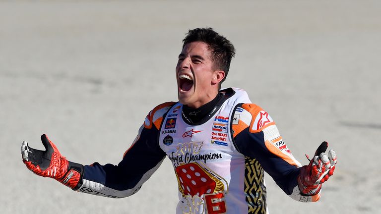 Marc Marquez celebrates after the race