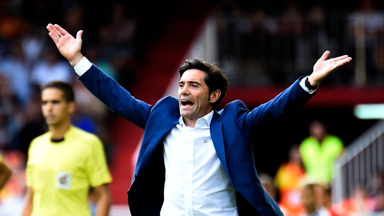 Valencia's coach Marcelino gestures on the sideline during the Spanish league footbal match Valencia CF vs Club Deportivo Leganes SAD at the Mestalla stadi