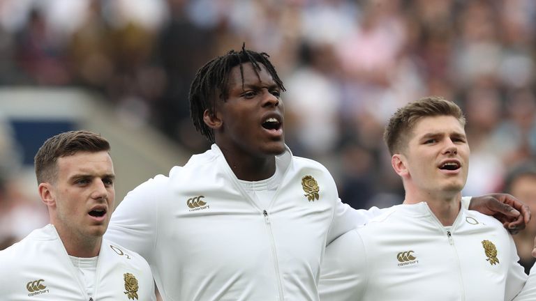 RBS 6 Nations Twickenham, London, England 11/3/2017.England vs Scotland.England's Maro Itoje and Owen Farrell during the anthems