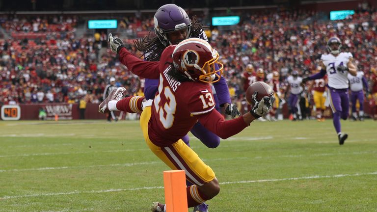 LANDOVER, MD - NOVEMBER 12: Wide receiver Maurice Harris #13 of the Washington Redskins catches a touchdown past cornerback Trae Waynes #26 of the Minnesot