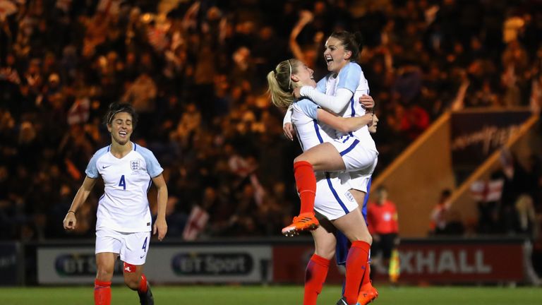 COLCHESTER, ENGLAND - NOVEMBER 28:  Melissa Lawley of England celebrates scoring the first goal with Keira Walsh of England during the FIFA Women's World C