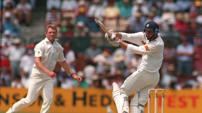 26 JAN 1995:  ENGLAND CAPTAIN MIKE ATHERTON HITS OUT OFF CRAIG MCDERMOTT ON THE FIRST DAY OF THE  4TH TEST MATCH AGAINST AUSTRALIA IN ADELAIDE        